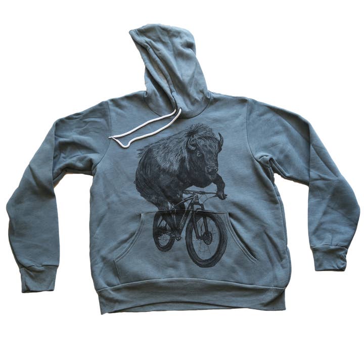 Buffalo On A Bicycle Hooded Pullover Sweatshirt for wholesale by Dark Cycle Clothing