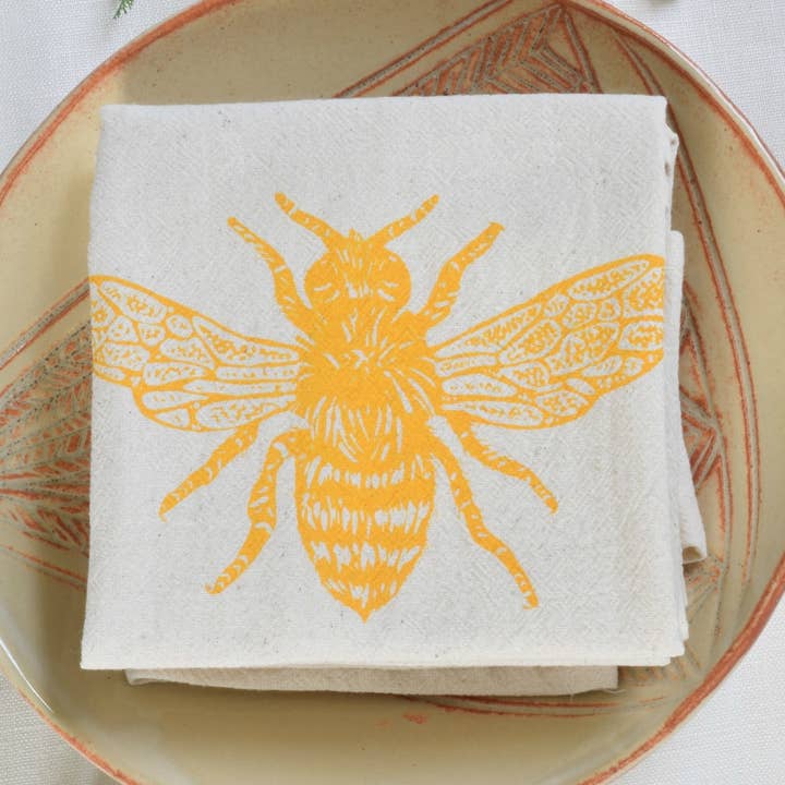 Ensemble de 4 serviettes en coton biologique Honeybee - Jaune - Abeilles pour la vente par Hearth and Harrow