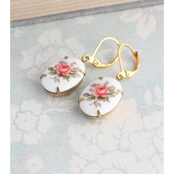 A Pocket of Posies - Wholesale Dangle Earrings - Pink Rose Oval Cameo Earrings - Vintage Glass