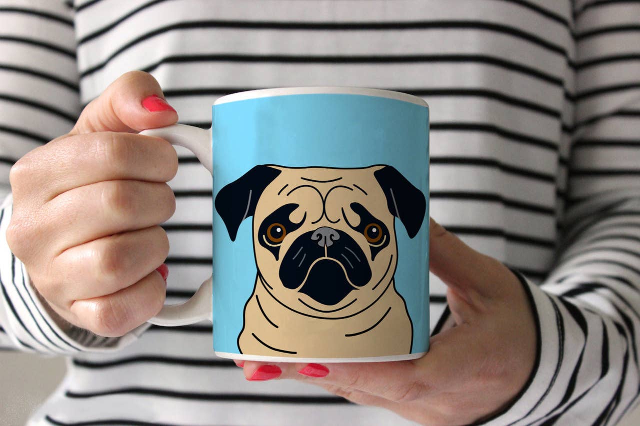 Sophisticated Pup - Wholesale Coffee Mug - Fawn Pug on Blue Ceramic Mug 11 oz0
