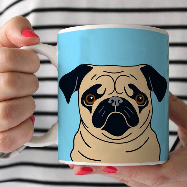 Sophisticated Pup - Wholesale Coffee Mug - Fawn Pug on Blue Ceramic Mug 11 oz0
