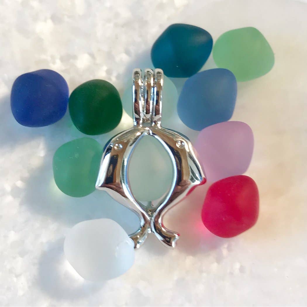 Wave of Life - Wholesale Locket Necklace - Jumping Dolphins Locket Sea Glass Necklace (18 Inch Chain)2