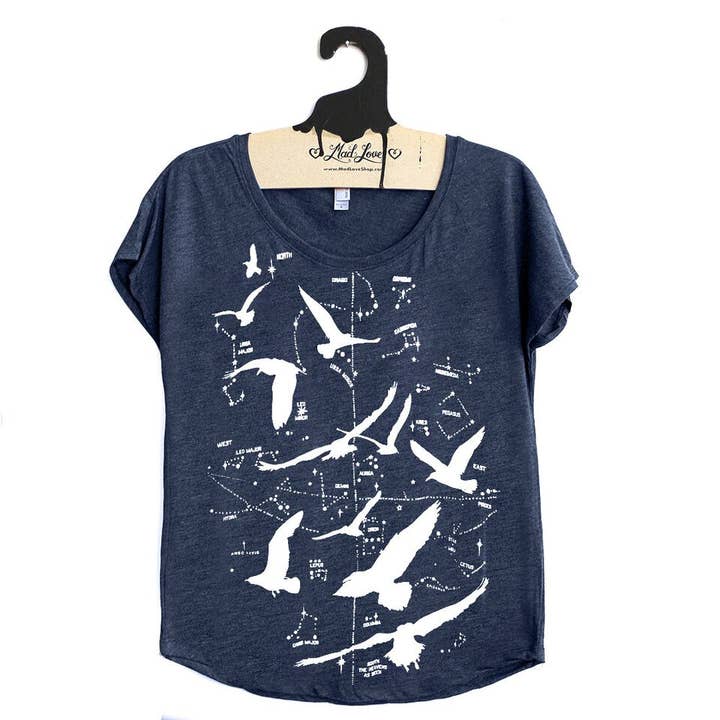 Top Dolman marino con estampado de pájaros Constelación para venta al por mayor de Mad Love Shop