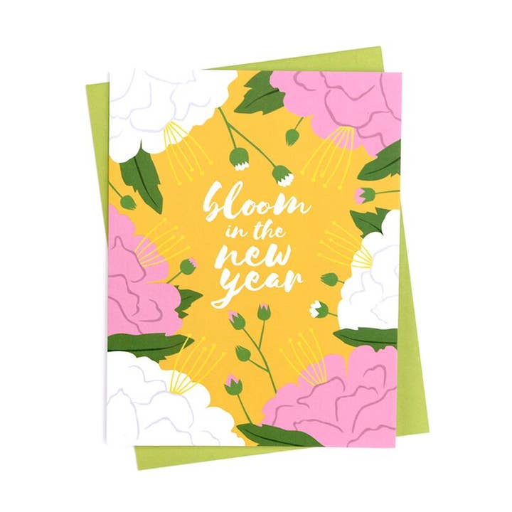 Bloom In The New Year Yellow Floral Greeting Card Christmas for wholesale by Klinger Creative