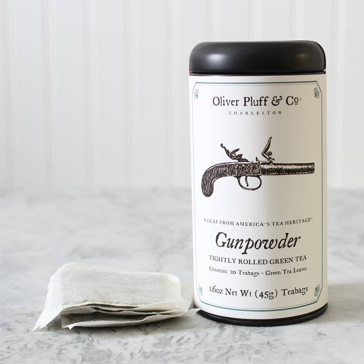 Buskruit - 20 theezakjes van groene thee in kenmerkend theeblik voor wholesale door Oliver Pluff & Company