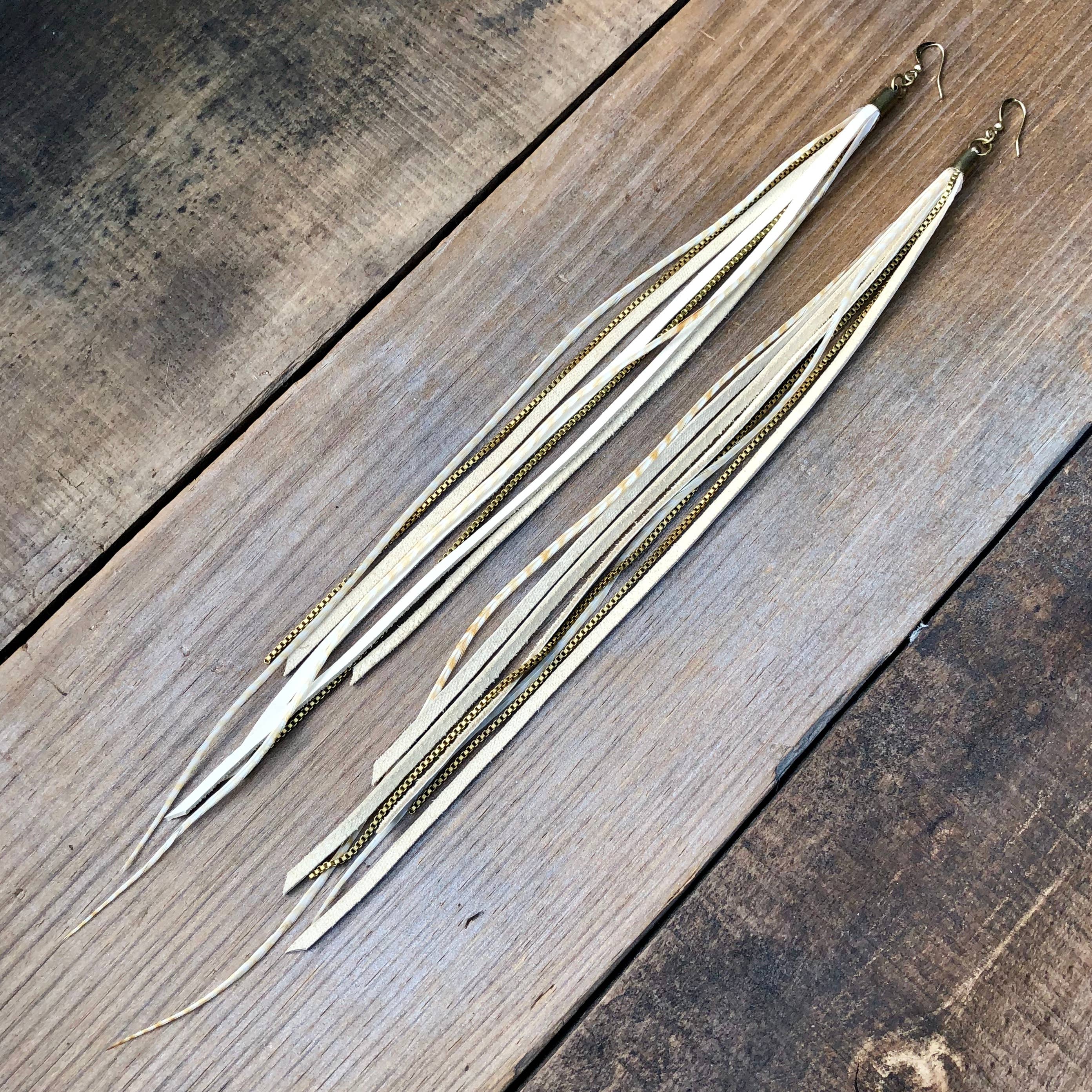 ASTALI - Wholesale Tassel Earrings - Leather & Feather Long Earring - Cream & Blonde Stripe, Boho6