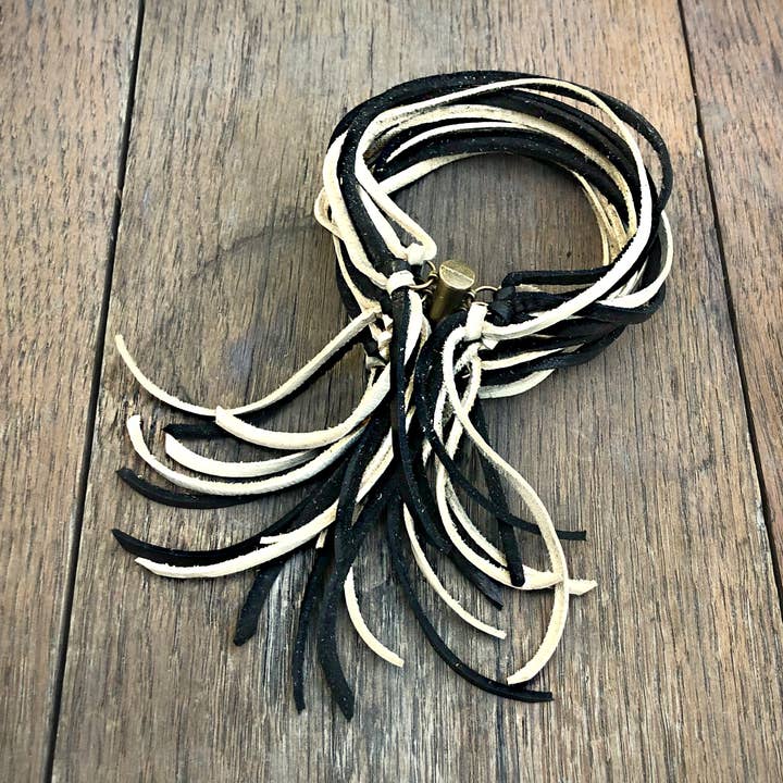 Leather Biker Cuff - Black & Cream, Multi-Strand Bracelet for wholesale by ASTALI