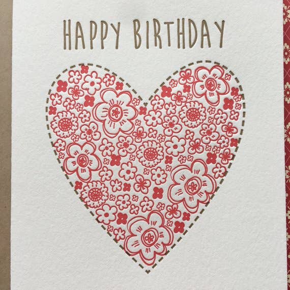 Lucky Bee Press - Wholesale Birthday Card - Happy Birthday Floral Heart - letterpress card1