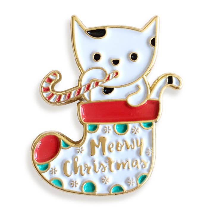 Meowy Christmas Holiday Enamel PIn for wholesale by Night Owl Paper Goods