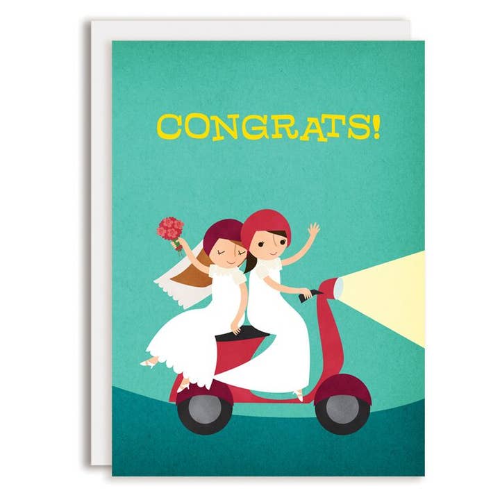 Moped Brides Lesbian Wedding Congrats Greeting Card for wholesale by Rosy Designs