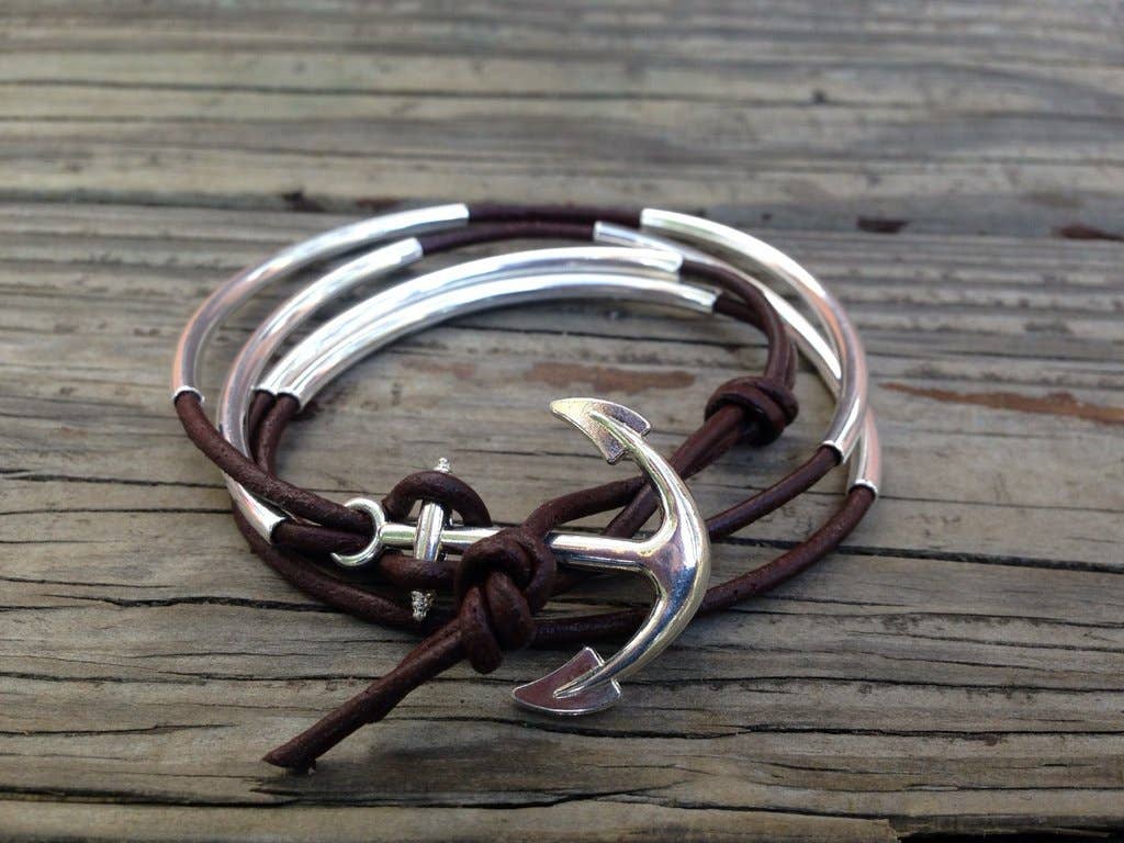 Melmax Design - Wholesale Beaded Bracelet - Leather Wrap Silver Tube Beads Silver Anchor Bracelet0