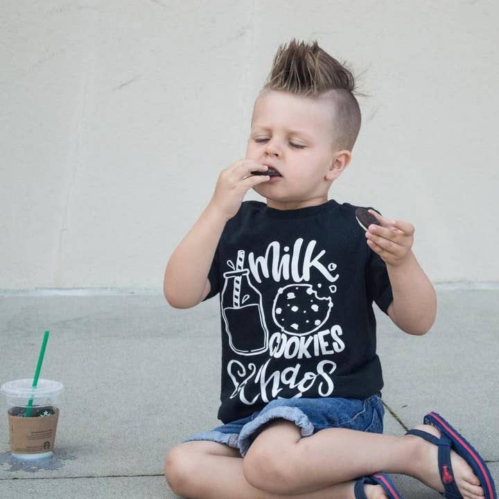 Milk, Cookies and Chaos Baby and Toddler Tee for wholesale by spillthebeansetc