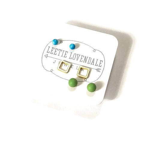 Leetie Lovendale - Wholesale Stud/Post Earrings - Turquoise Frosted Gold Squares & Lime Tiny Geo Stud Earrings0