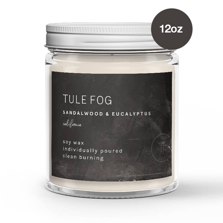 Sandalwood + Eucalyptus Soy Candle 12oz for wholesale by Tule Fog Candles