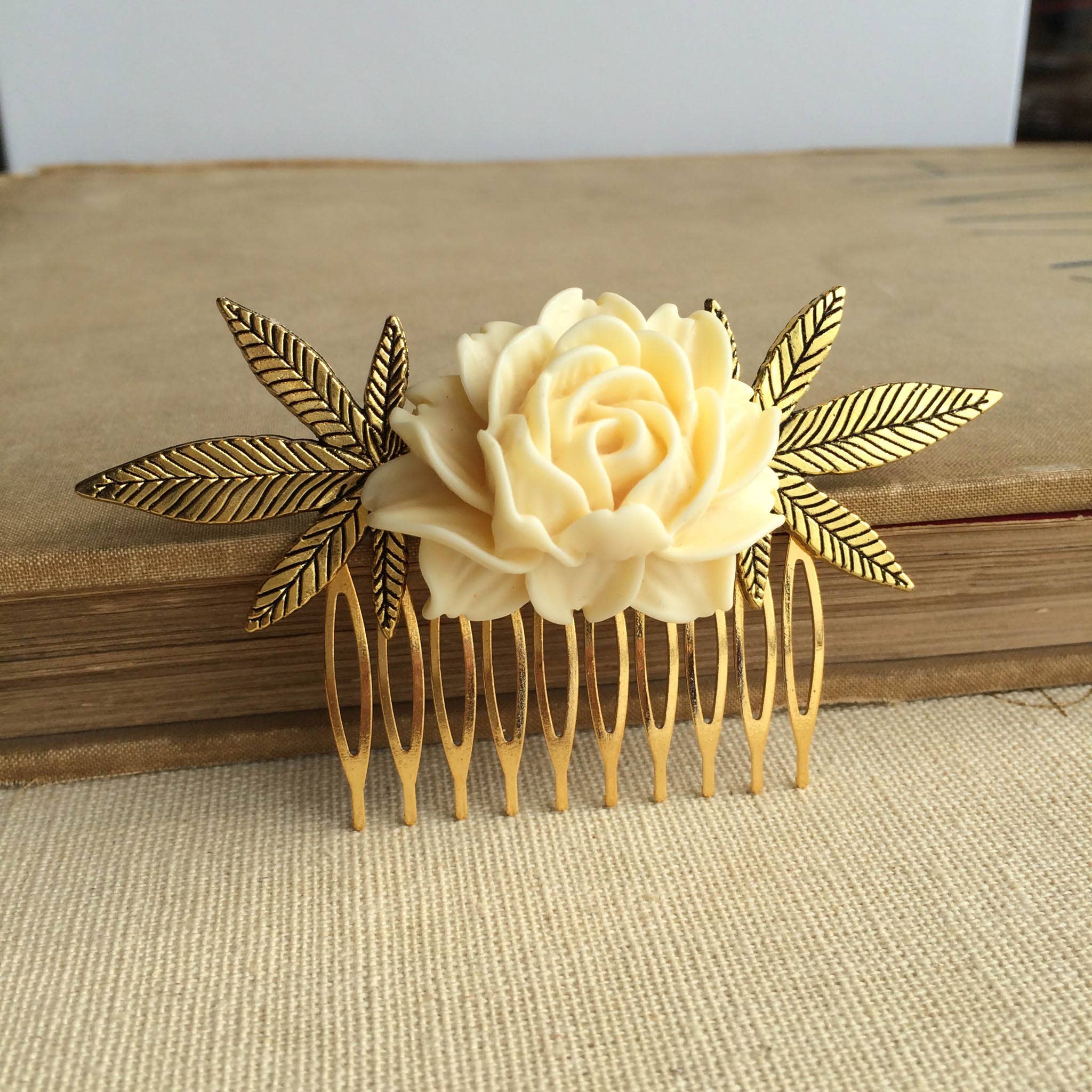Smokies Toke Couture - Wholesale Hair Clip - Women's - Cabbage Rose Weed Comb - Gold and Ivory - cannabis1