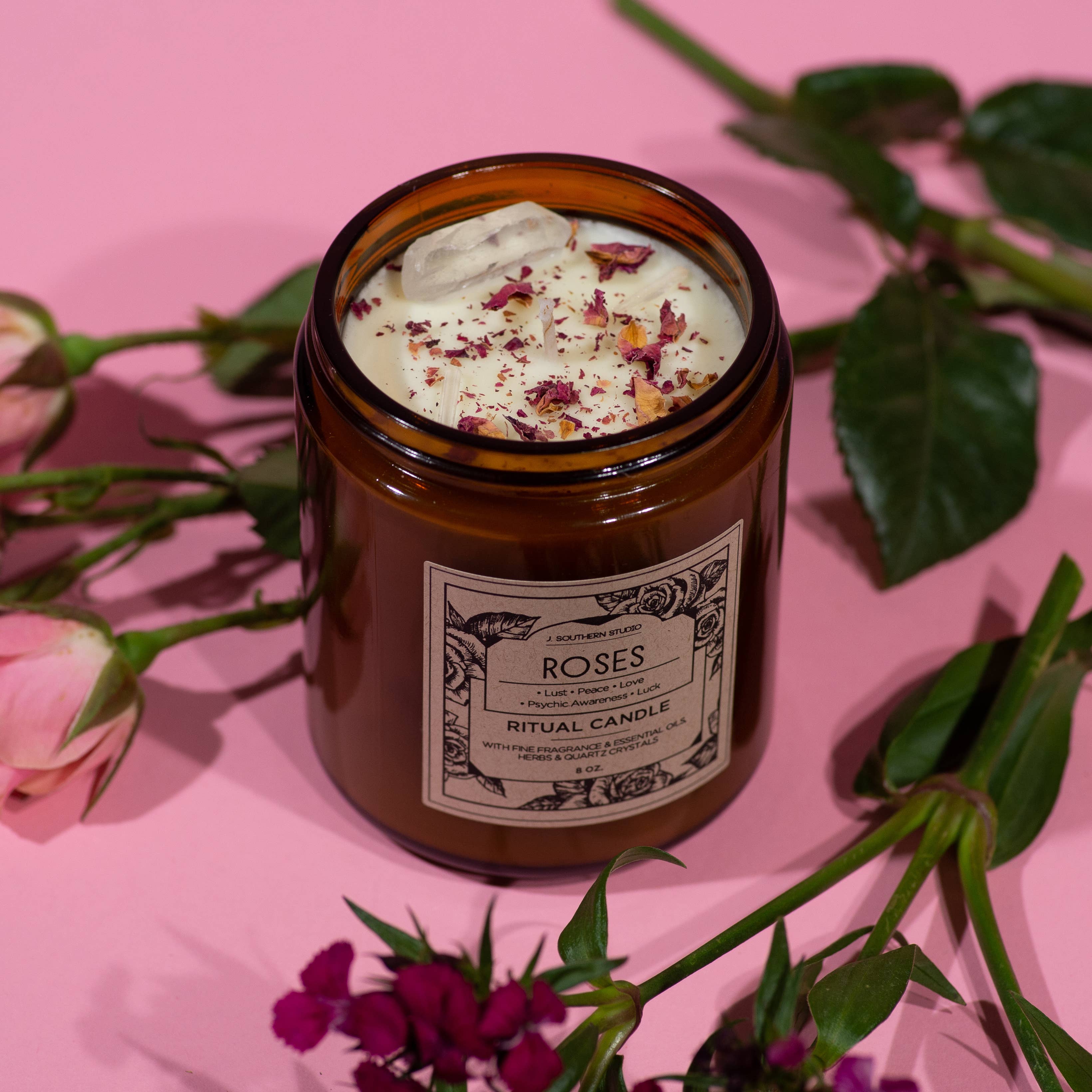 J. Southern Studio - Wholesale Jar/Filled Candle - 8 oz. Roses Ritual Candle with crystals and essential oils2