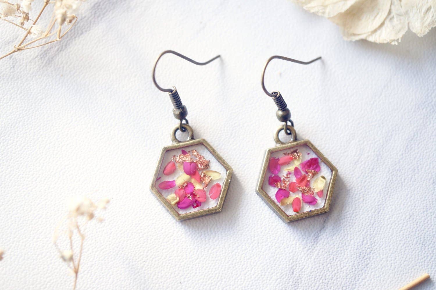 Ann + Joy - Wholesale Dangle Earrings - Neon Pink & Copper Flakes Real Pressed Flowers and Resin Earrings2