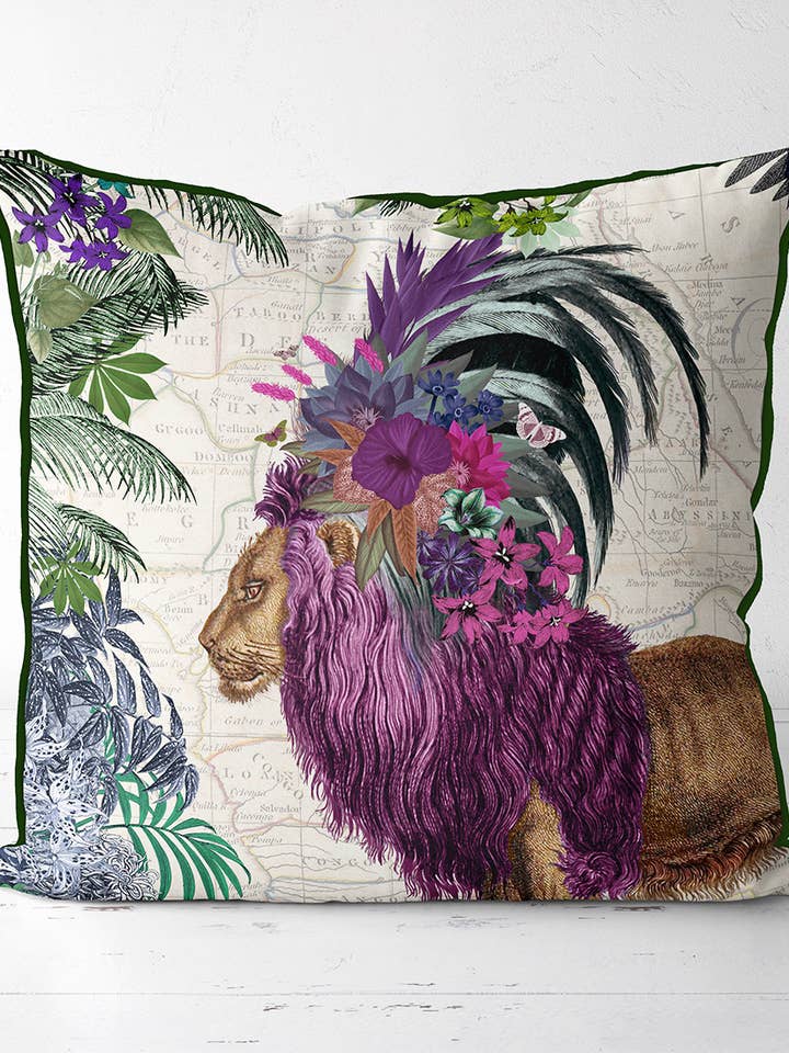 African Purple Lion Tropical Throw Pillow or Garden Cushion for wholesale by FabFunky Ltd
