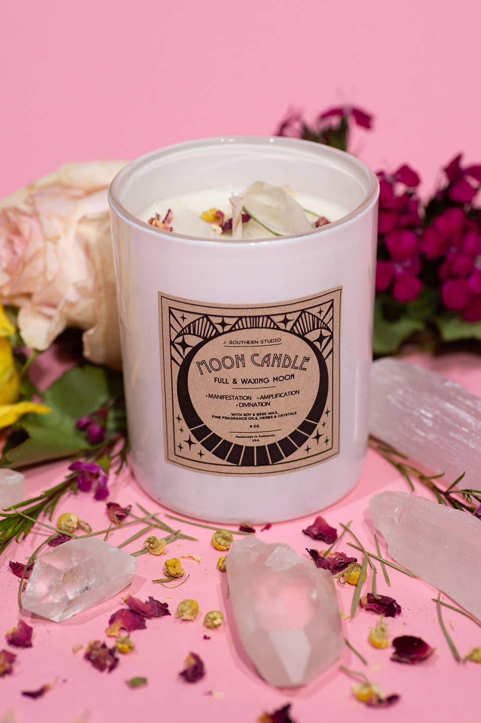 J. Southern Studio - Wholesale Jar/Filled Candle - Full Moon & Waxing Moon Ritual Candle with crystals and essential oils2