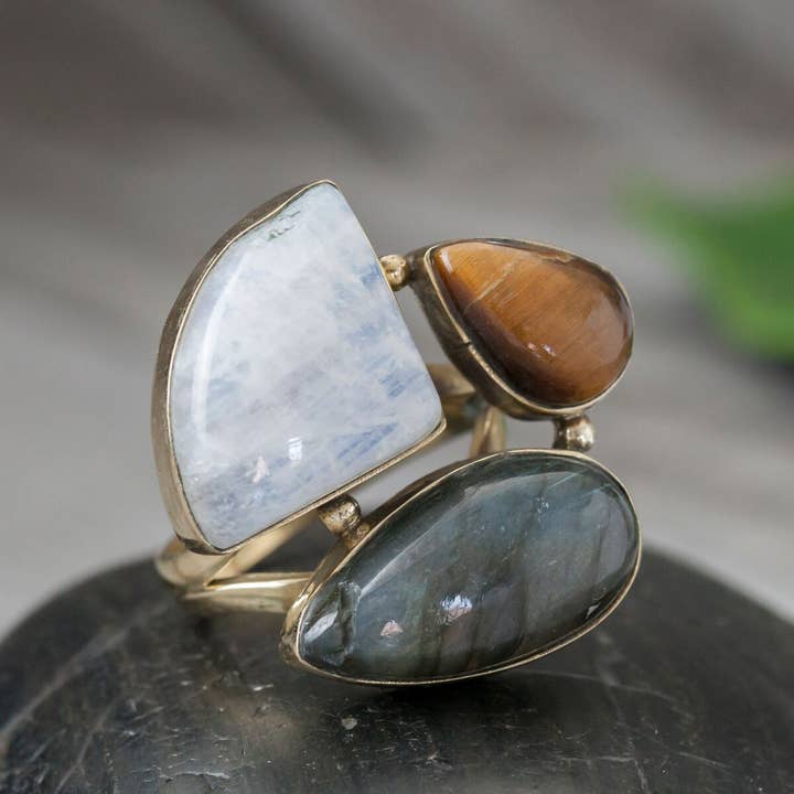 Natural Stone Cluster Brass Ring with Mixed Stones for wholesale by Baizaar