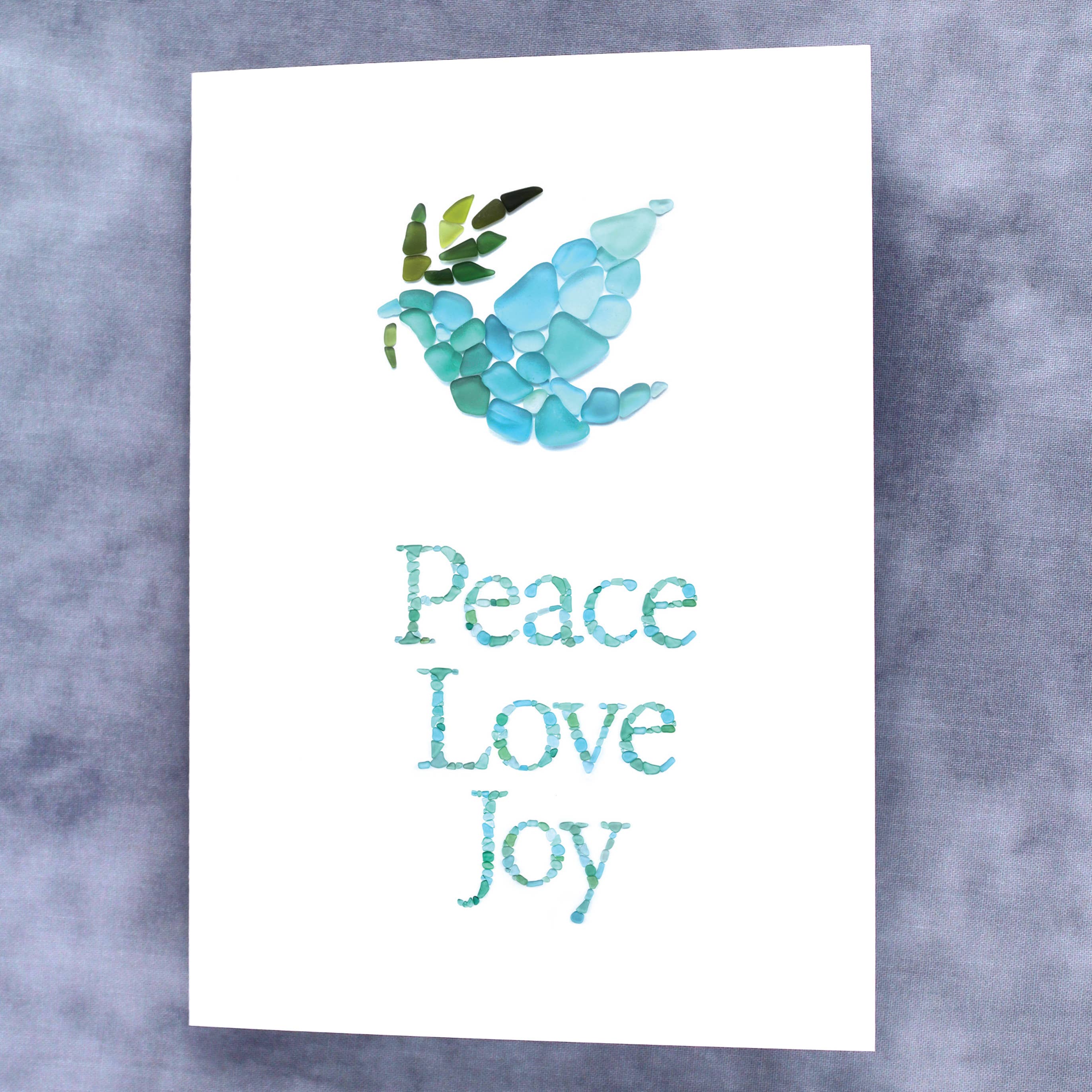 Beachcombing / Etched by the Sea - Wholesale Season's Greetings Card - Sea Glass Dove "Peace Love Joy" Holiday Card1