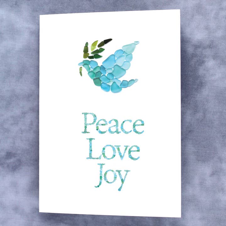 Etched by the Sea, Inc. - Wholesale Season's Greetings Card - Sea Glass Dove "Peace Love Joy" Holiday Card1