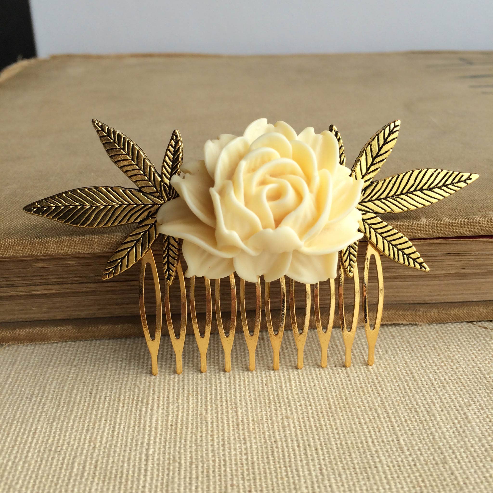 Smokies Toke Couture - Wholesale Hair Clip - Women's - Cabbage Rose Weed Comb - Gold and Ivory - cannabis0