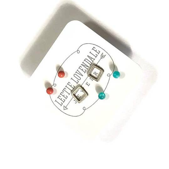 Tiny Teal Moonglow & Silver Square Geo Stud Earrings Set for wholesale by Leetie Lovendale