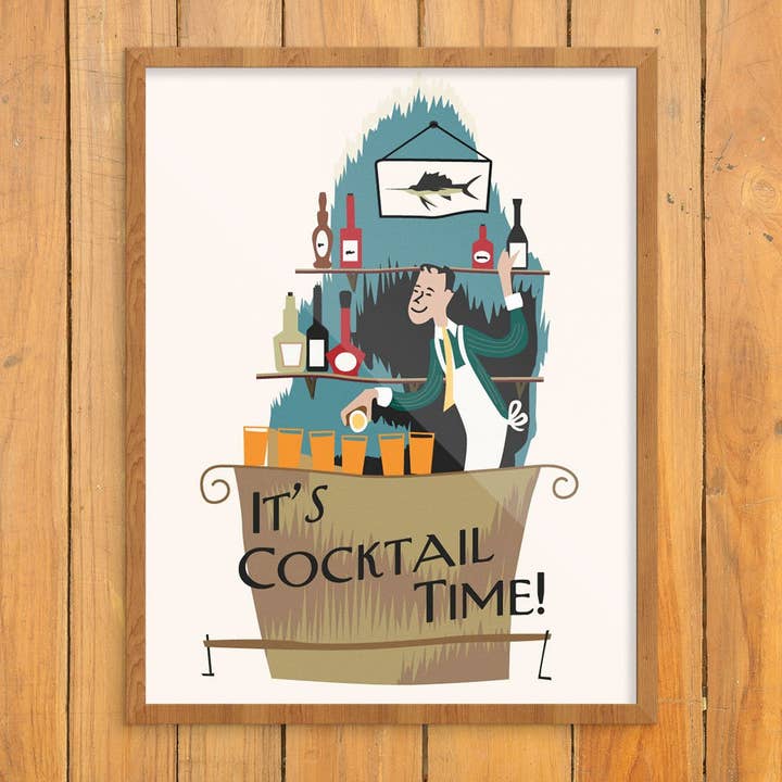 Fridgedoor - Wholesale Art Print - 11'' x 14'' It's Cocktail Time Mid-Century Bartender Print