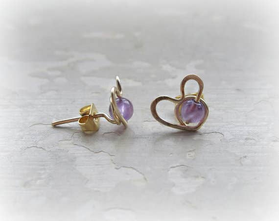 Contempo Jewelry - Wholesale Stud/Post Earrings - Amethyst + Gold Heart Stud Earrings3