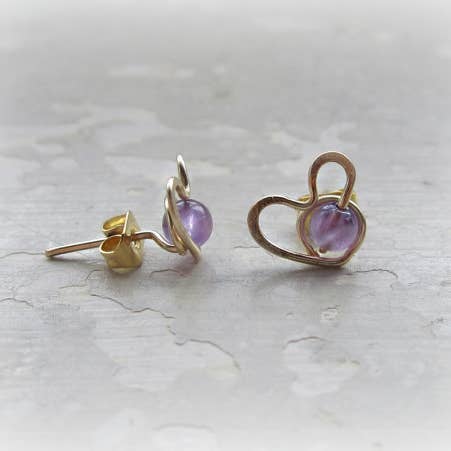 Contempo Jewelry - Wholesale Stud/Post Earrings - Amethyst + Gold Heart Stud Earrings3