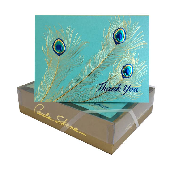 PAULA SKENE DESIGNS - Wholesale Thank You Card - Peacock Trio on Teal Thank You Card0