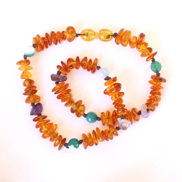 Adult Honey Amber Necklace + Amethyst & Green Agate for wholesale by Beaming Amber Sun, LLC