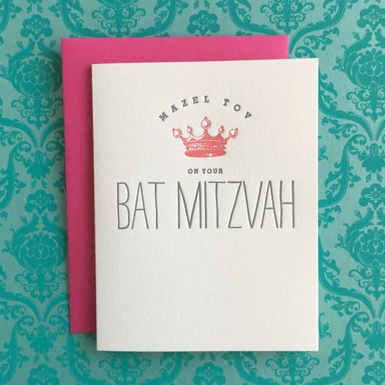 Pink Bat Mitzvah Crown - letterpress card for wholesale by Lucky Bee Press