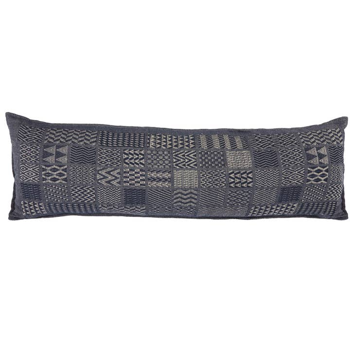 Hand Loomed Cotton Lumbar Pillow - Indigo Blocks- 16x48" for wholesale by Arcadia Home