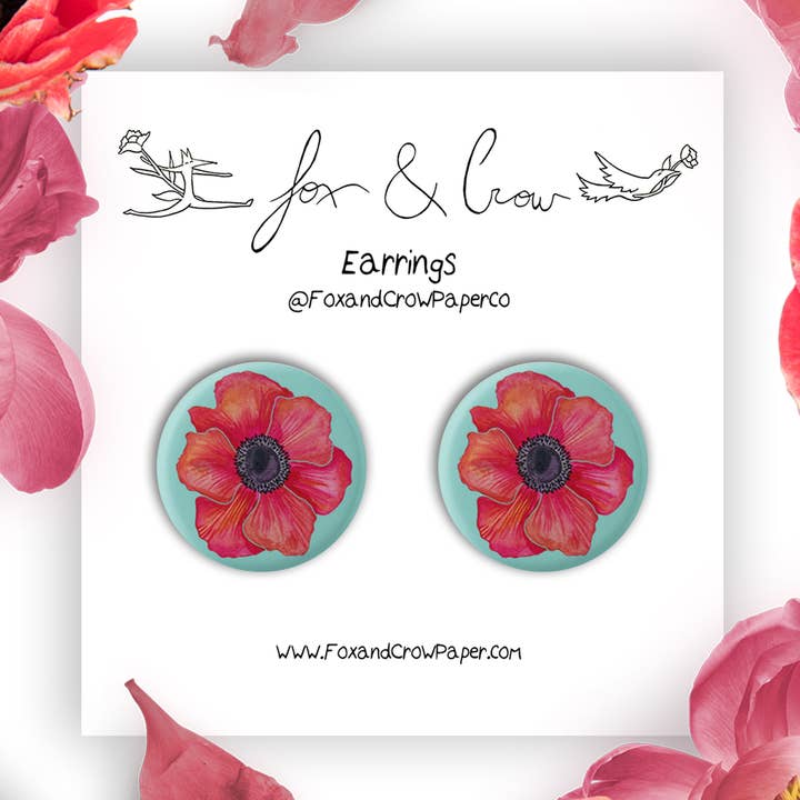 Rød Valmue Stud Ørering/Poppy Øreringe /Flower Øreringe for engroshandel hos Fox & Crow Paper co.