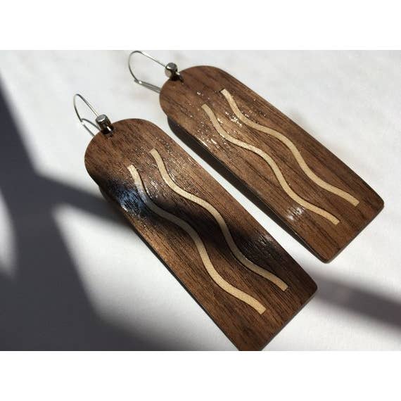 Water Walnut Wood And Sycamore Wood Inlay Oversized Bar Earring for wholesale by Kohli Kraft