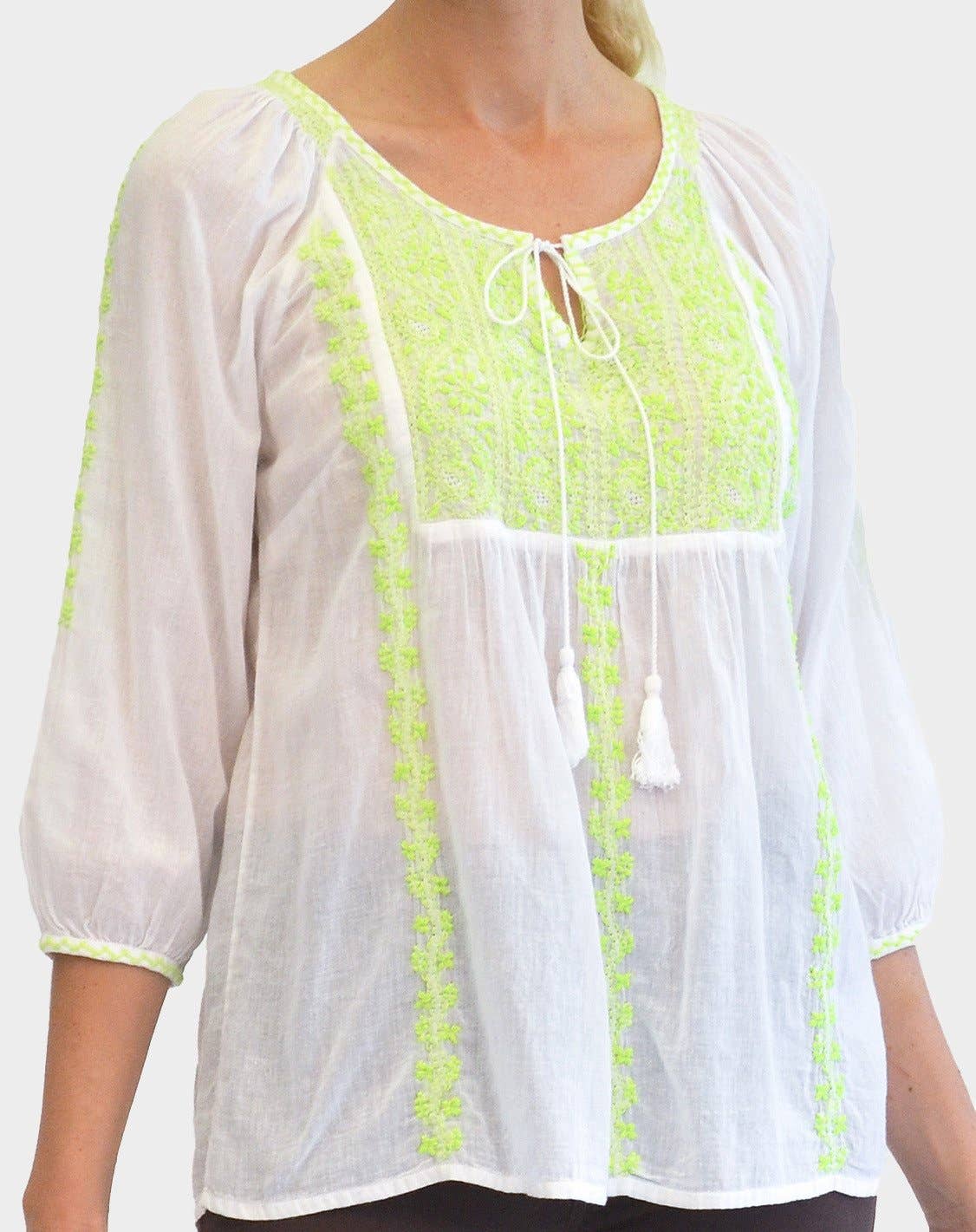 La Cera - Wholesale Blouse - Women's - Floral Embroidered Peasant Top - LIME0