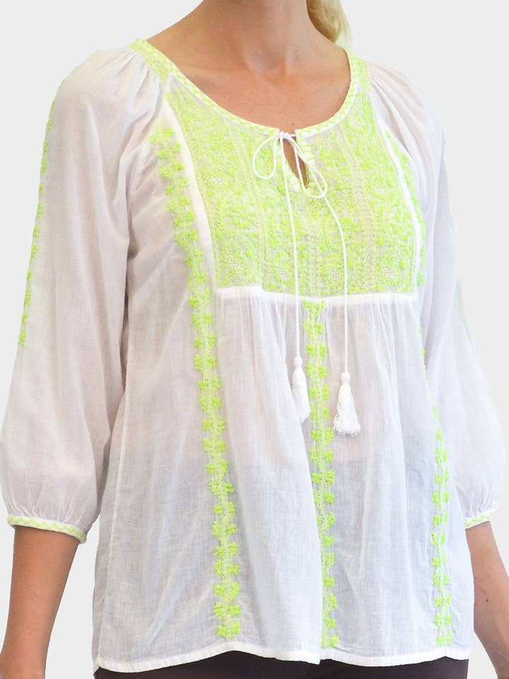 La Cera - Wholesale Blouse - Women's - Floral Embroidered Peasant Top - LIME