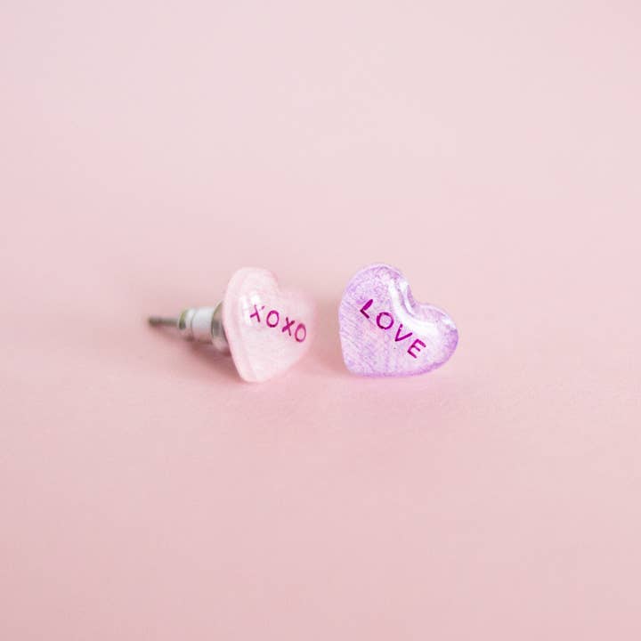 Poptone Co. - Wholesale Stud/post earrings - Valentine Candy Heart Earrings: Love + Xoxo1
