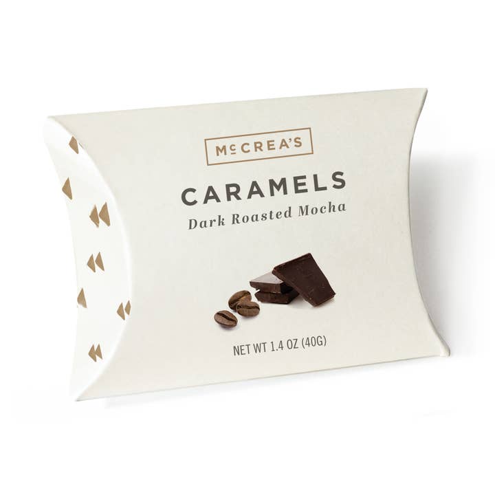 Caramels Pillow Box - Dark Roasted Mocha, Case of 6 for wholesale by McCrea's Candies