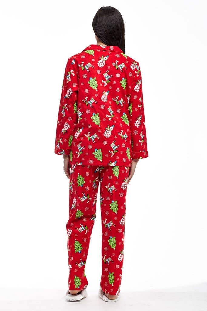La Cera – Großhandel Schlafanzug-Set – Damen – Flanell-Pyjama-Set mit Rentier-Print - ROT2