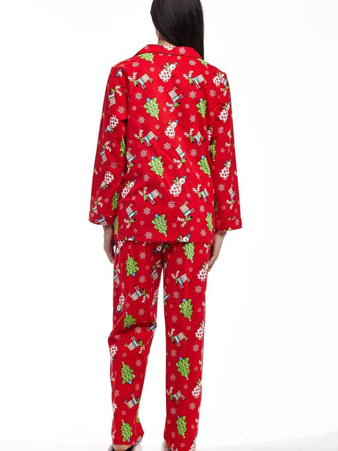 La Cera - Wholesale Sleepwear Set - Women's - Flannel Reindeer Print Pajama Set - RED2