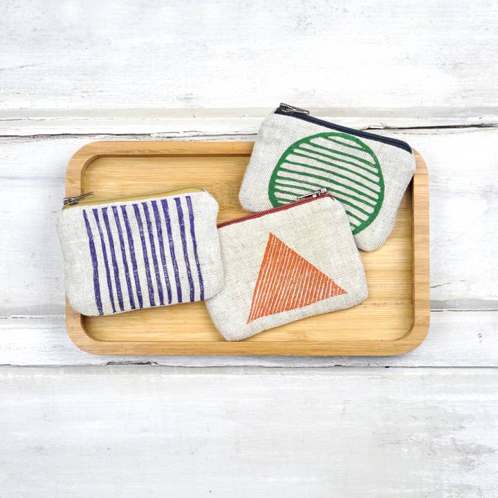 Gray Green Goods - Wholesale Coin purse – Women’s - Orange Triangle Blockprint Cotton Canvas Coin Purse3
