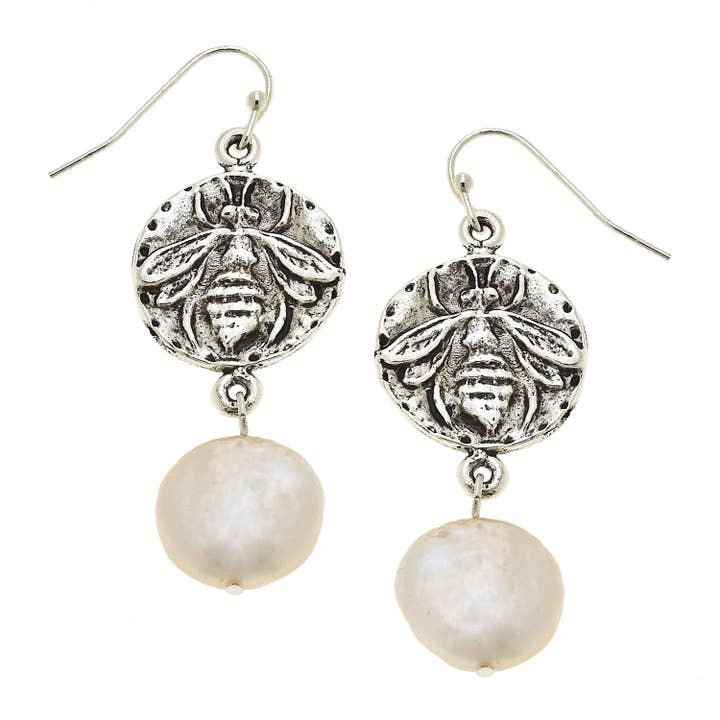 Silver Bee and Freshwater Coin Pearl Earrings for wholesale by Susan Shaw
