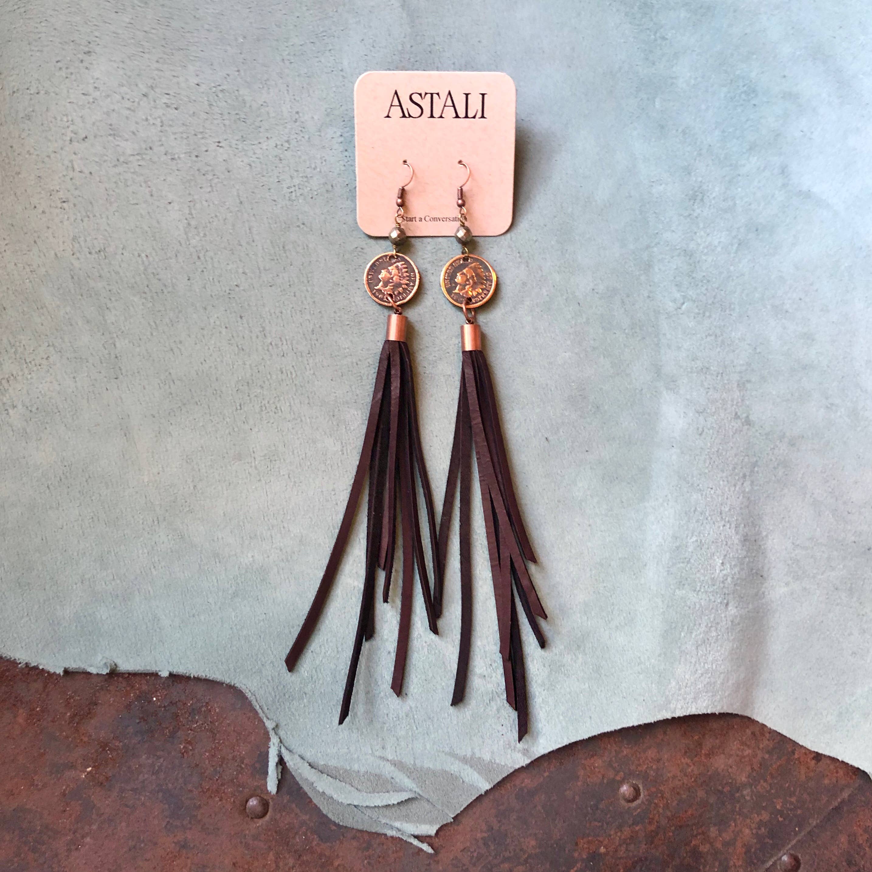 ASTALI - Wholesale Tassel Earrings - Indian Head Cent & Leather Tassel Earrings - Chocolate Brown2