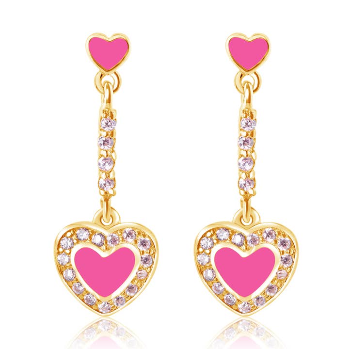 Enamel Heart With Surrounding Crystals Hanging Stud Earrings for wholesale by Chanteur