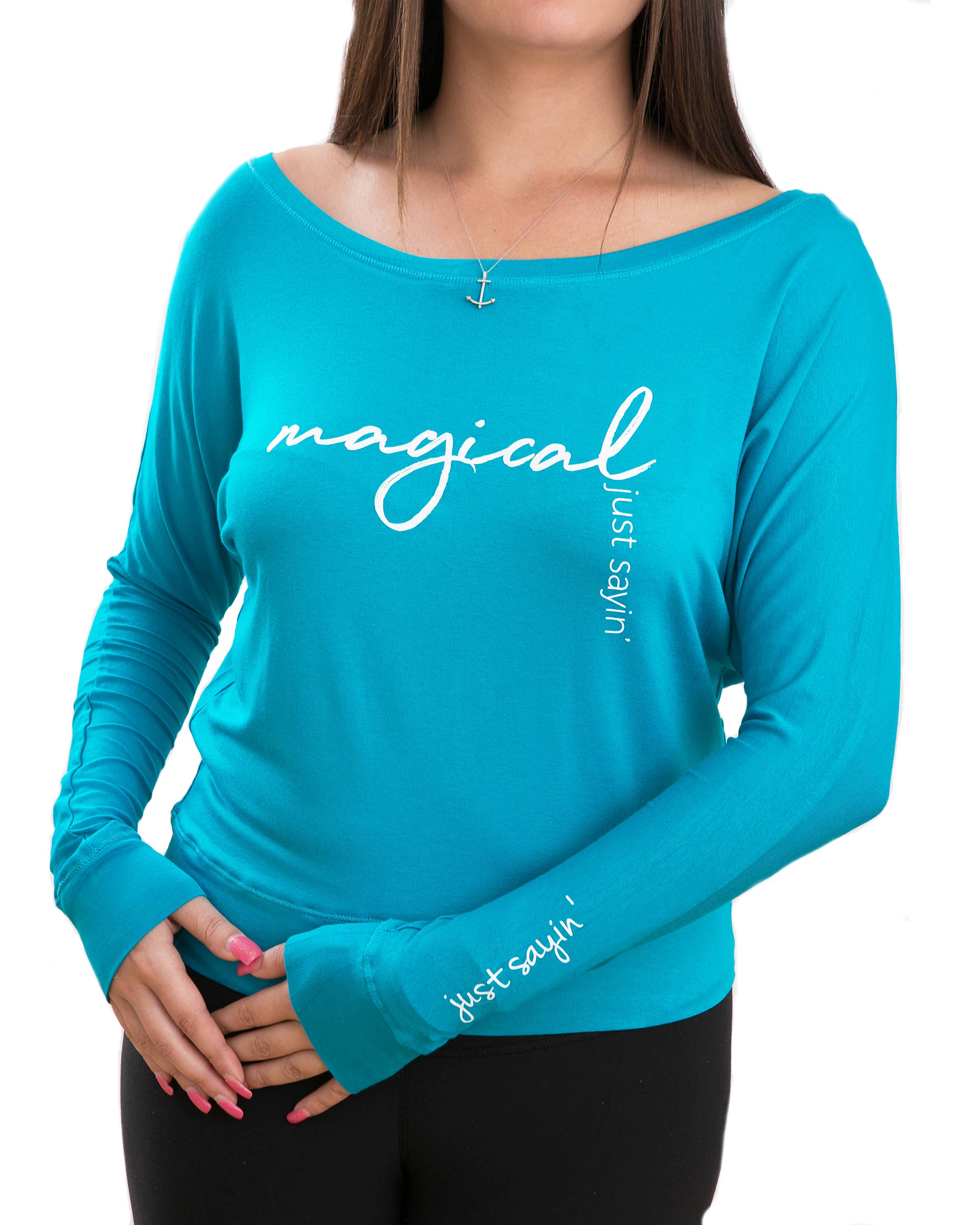 Just Sayin' With Love - Wholesale Screen Printed T-Shirt - Women's - Turquoise Off The Shoulder0