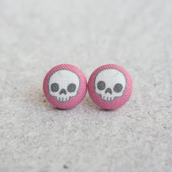Adorable Skulls in Hot Pink Fabric Button Earrings for wholesale by Rachel O's