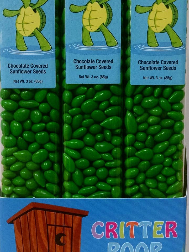 Turtle Poop, green colored Sunny Seeds in 3 oz tubes. for wholesale by Sunflower Food Company